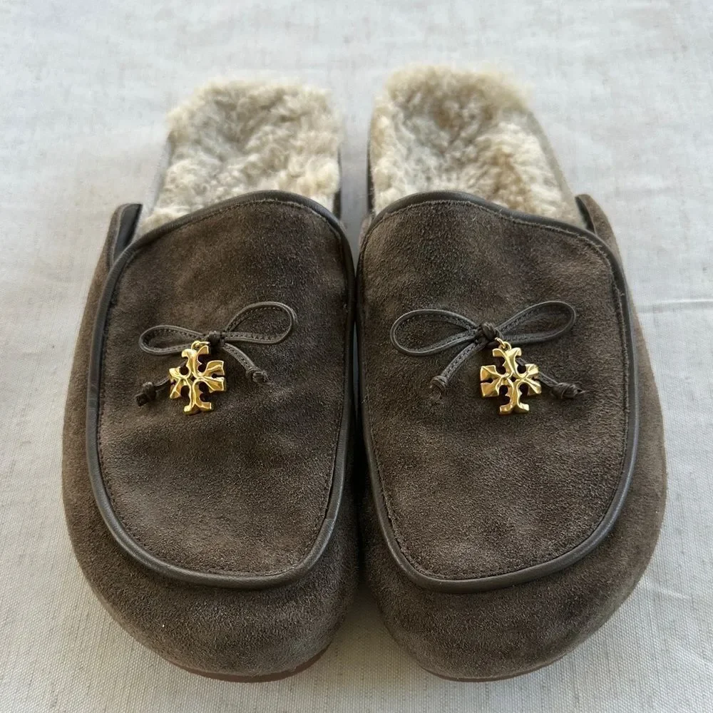 Tory Burch Tory Charm Shearling Suede Slip-on Clogs 8.5